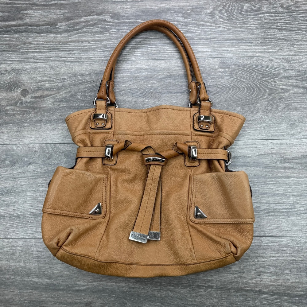 B Makowsky Pebbled Leather Tote Shoulder Bag Tan Brown Chunky Silver Hardware